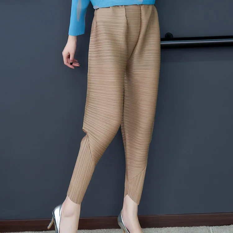 Miyake Elastic Waist Harem Pants for Women 2024 Autumn New Simple Solid Color Pockets Pleated Female Casual Trousers