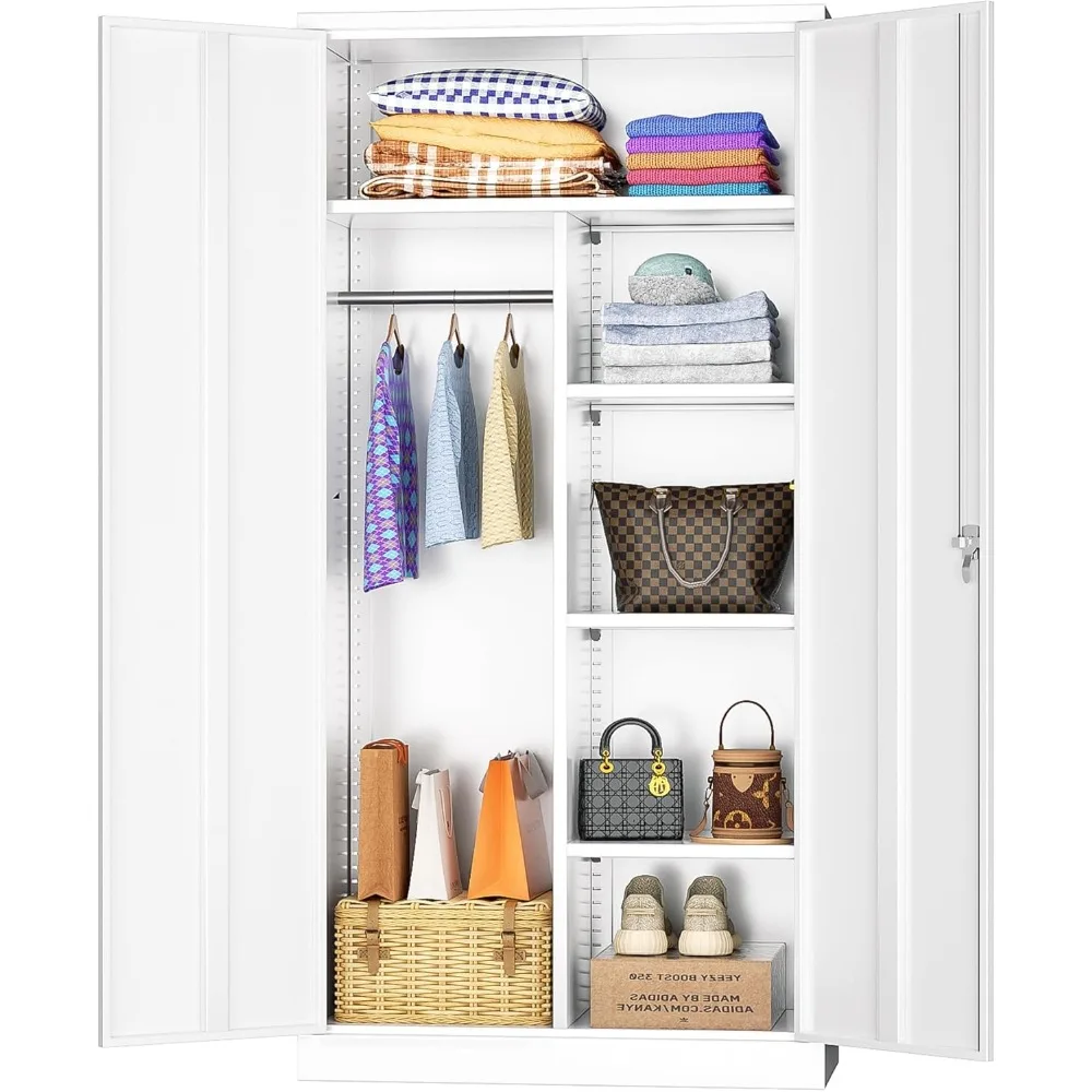 

Wardrobe Closet with Lock,Clothing Storage Cabinets with Hanging Rod and 4 Adjustable Shelves, Armoire Wardrobe