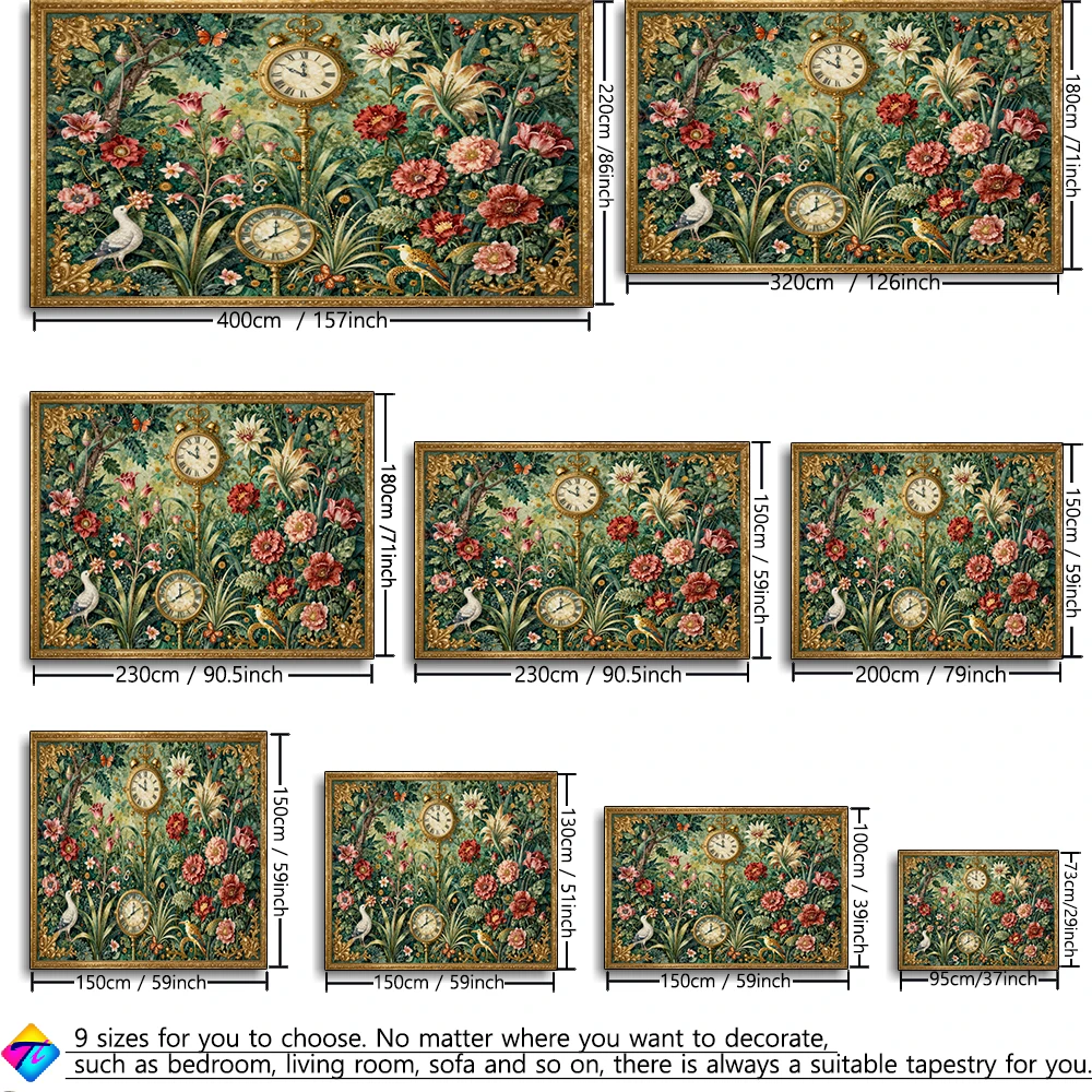 Colorful Flowers And Clock Patterns Printed Tapestry Wall Hanging Simple Art Bohemian Style Living Room Bedroom Home Decor