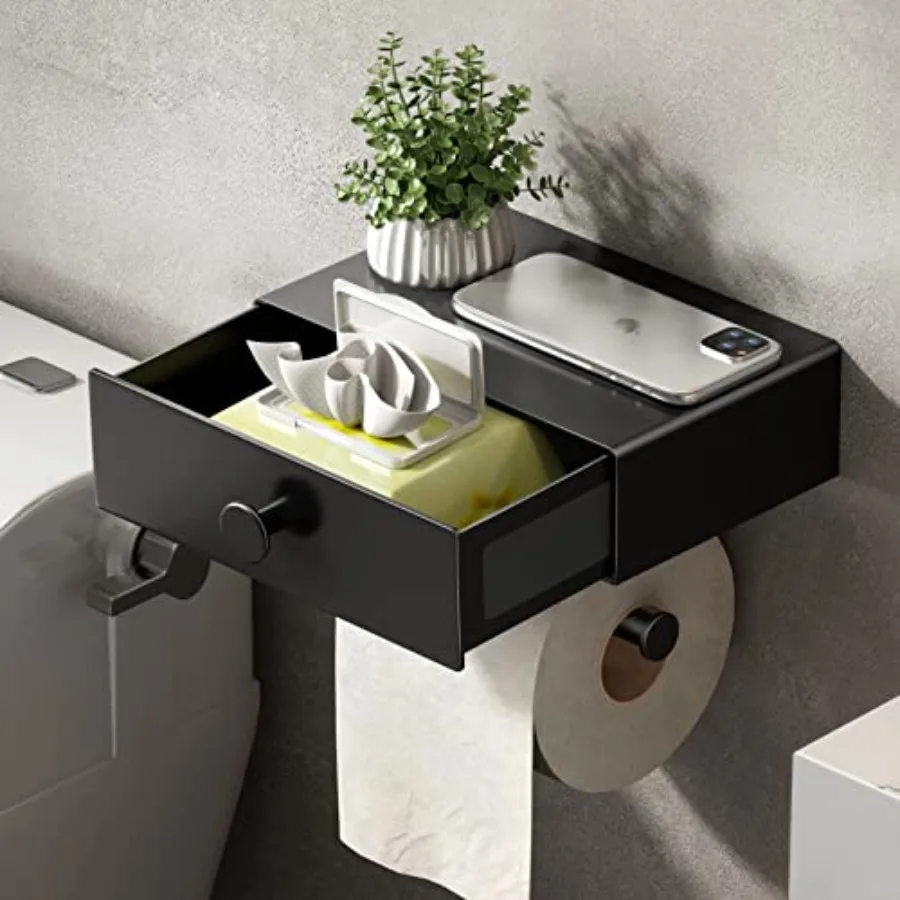 

Matte Black WallMounted Toilet Paper Holder with Integrated Shelf and Storage Drawer Design: SelfAdhesive Flushable Wipes Dispe