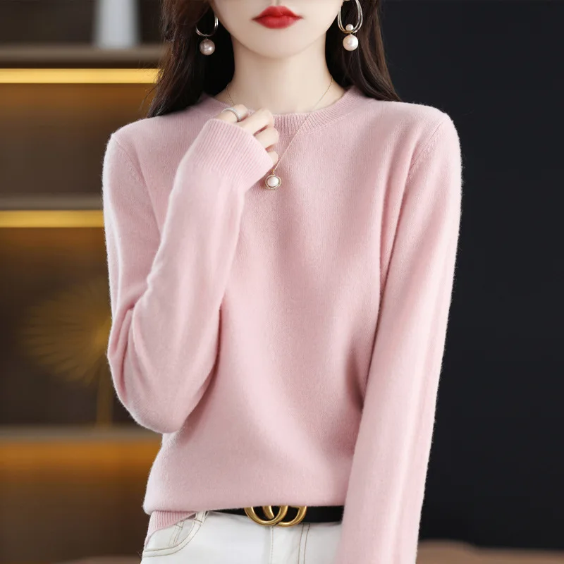 Wool Sweater Women's Knitted Bottoming Shirt Soft Glutinous Small round Neck Pullover Loose Straight Long Sleeve Sweate