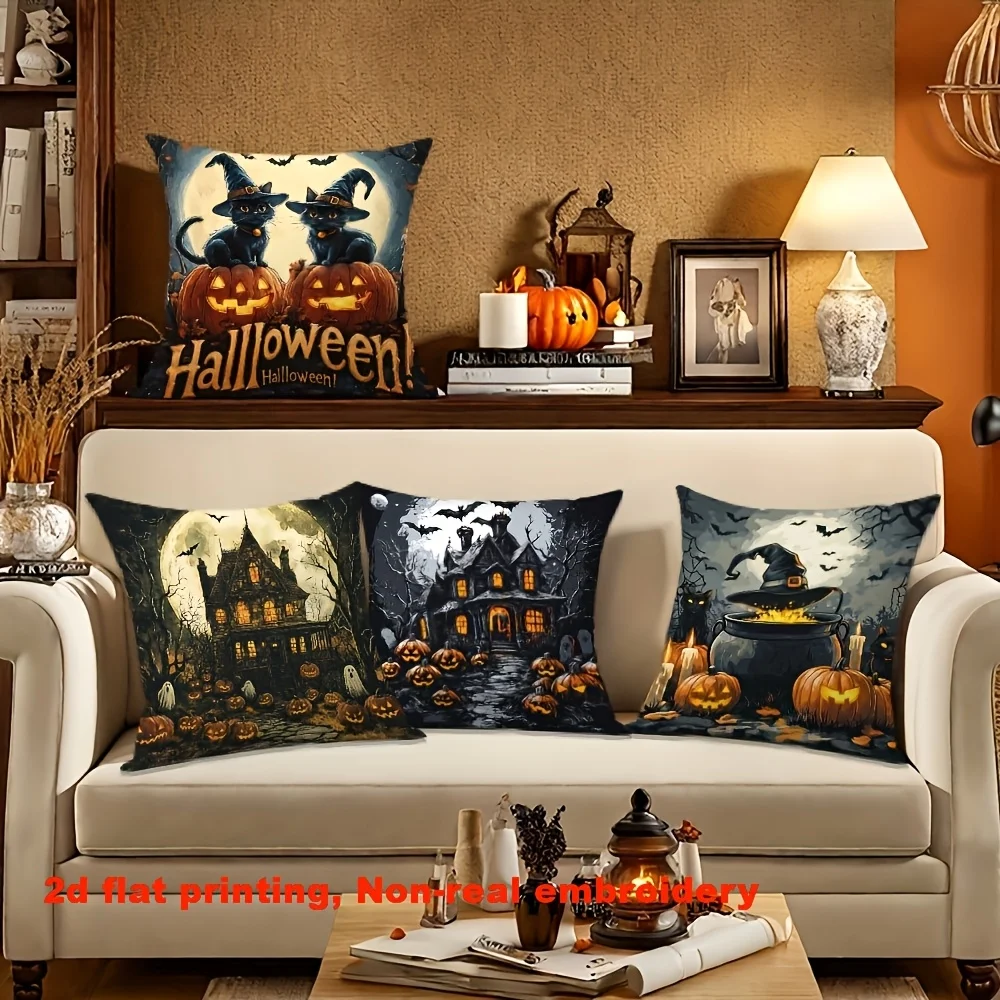Halloween Theme 4 Piece Print Throw Pillow Covers Set Spooky Haunted Pumpkin Gothic Digital Print Polyester Fall Home Decor Acce
