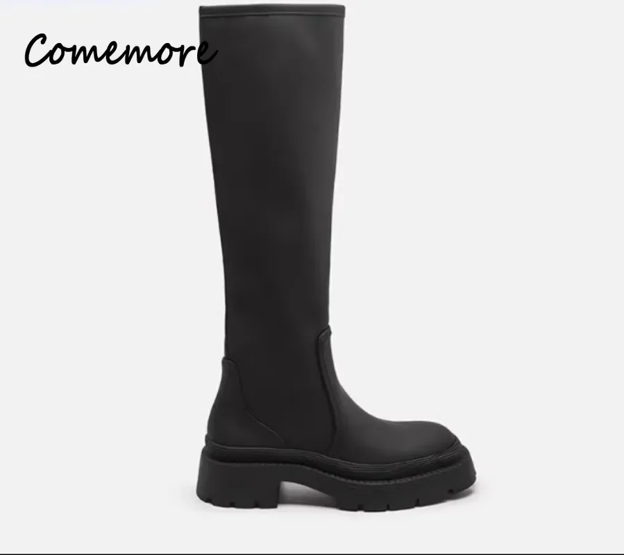 Comemore Autumn Winter Knee High Boot Fashion Shoes Female Footwear Leather Knee-High Motorcycle Booties Luxury Women Long Boots