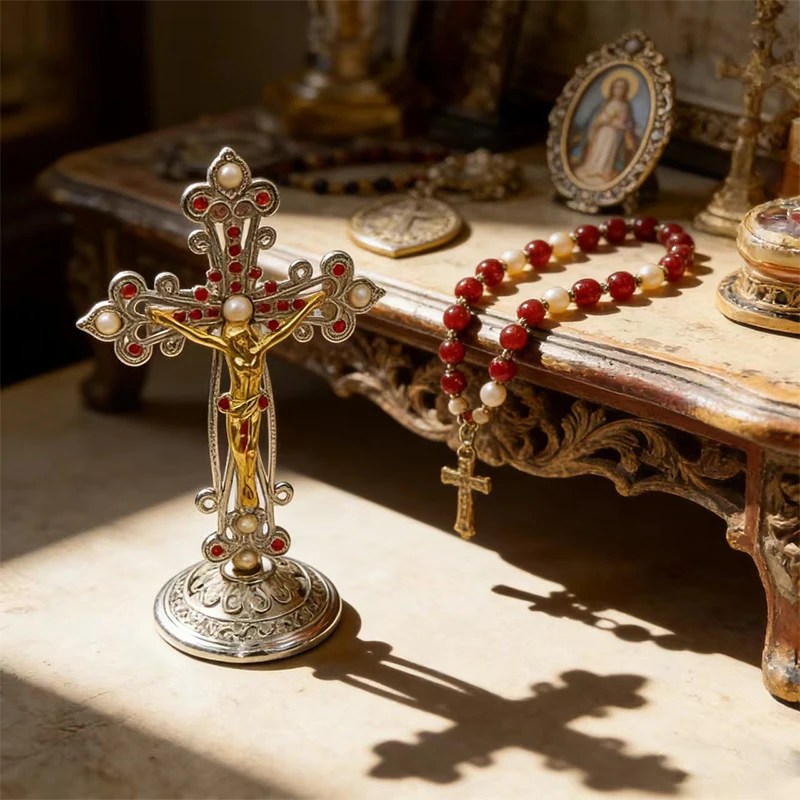 

Silver Plated Orthodox Standing Crucifix with Gold Crucifixion and Red Gems Pearls for Church Home Altar Prayer Devotion Christi