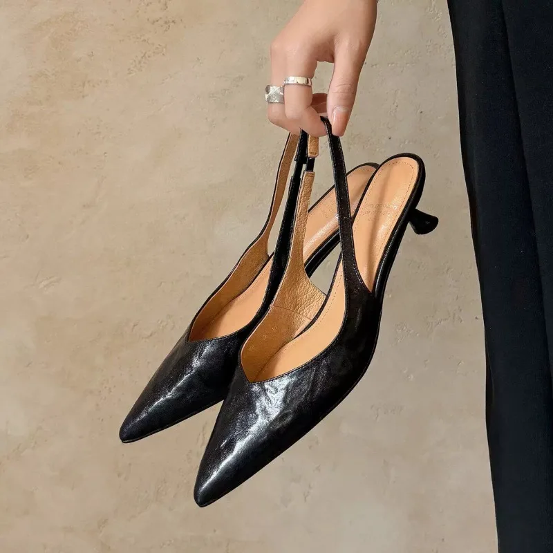 French Retro Style Pointed Toe Baotou Sandals Women's Summer New Low Heel Temperament Back Empty High Heels