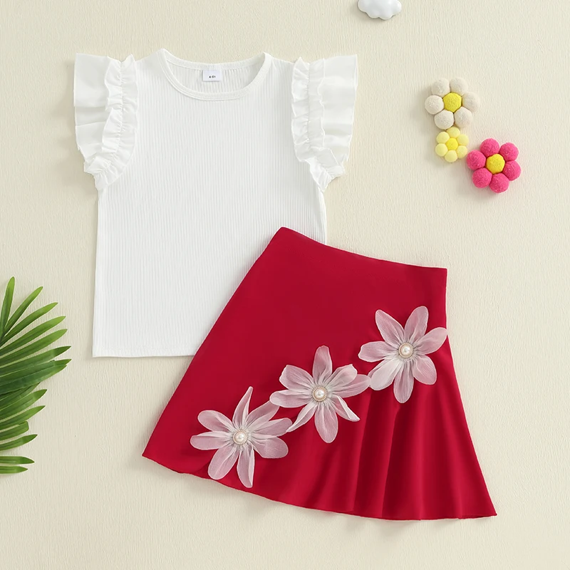 

Kids Girls Skirt Set, Fly Sleeve Crew Neck T-shirt with Flower Skirt Summer Outfit