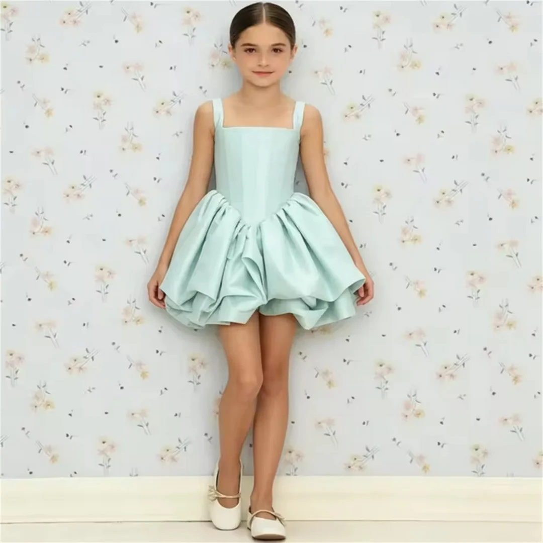 Custom Satin Flower Girl Dress Square Neck Herringbone Waist Slim Pleated Bud Skirt Princess Skirt Girl Ballet Performance Dress