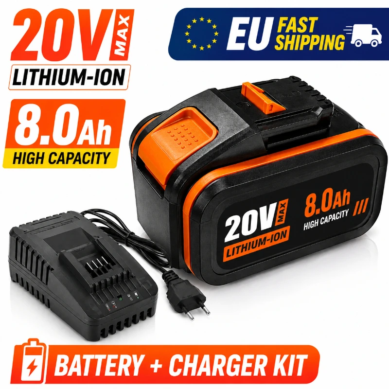 8000mAh 20V 8.0Ah Hochleistungs-Li-Ionen-Ersatzakku kompatibel mit Worx WX390 WX176 WX166.4 WX372.1 WX800 WX678 WX550 WX532 WG894E WG629E WG329E Akku für kabellose Elektrowerkzeuge mit langer Laufzeit