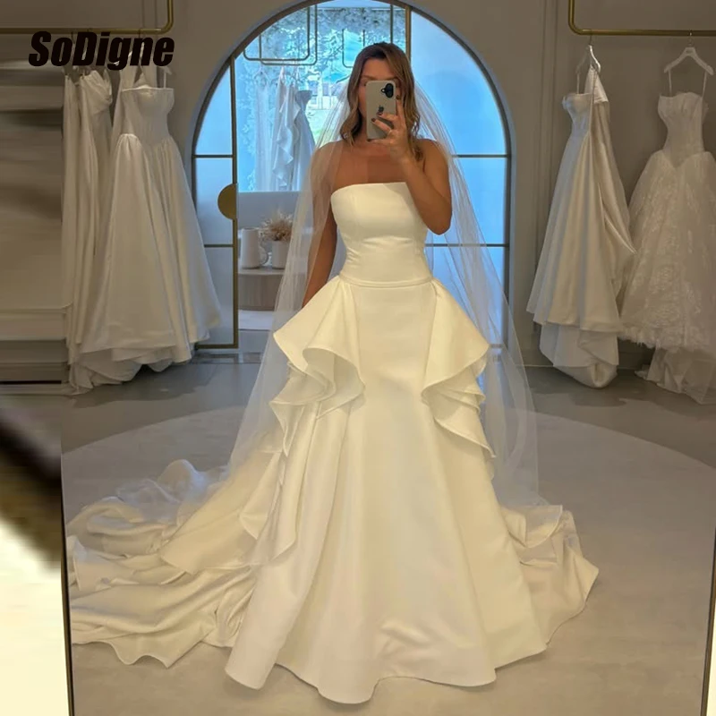 SoDigne A-line Satin Church Wedding Dresses Strapless Sleeveless Simple Bridal Dress Bride Gown Vestidos De Novia Customized