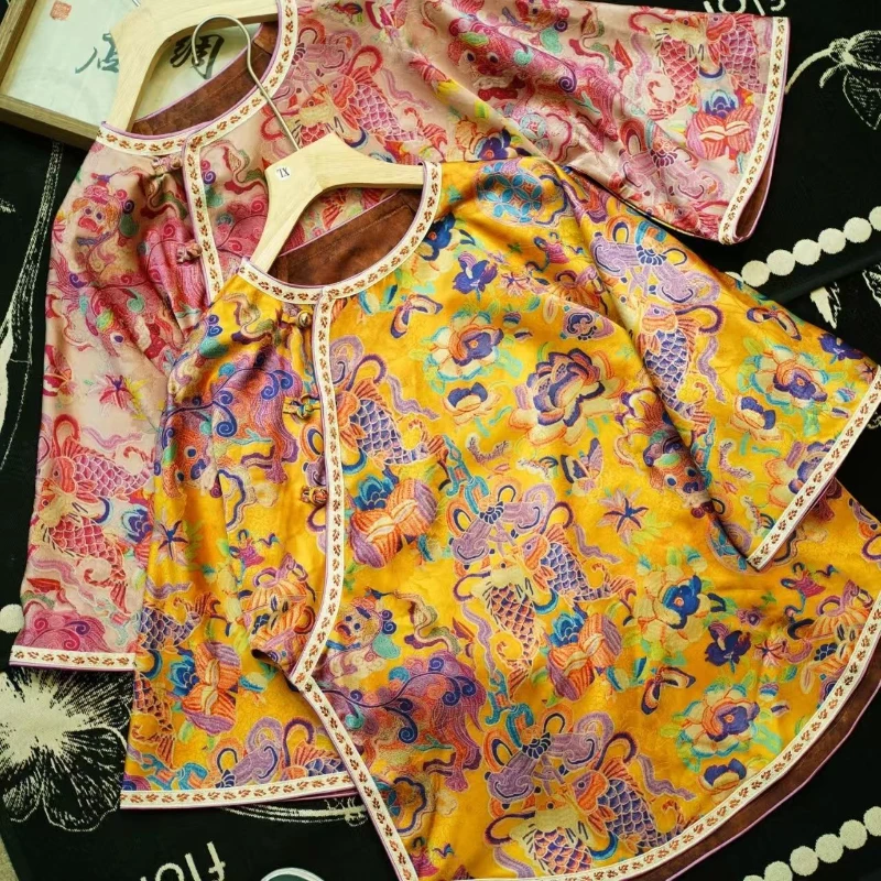 2025 Spring Summer Designer Vintage Dobby Floral Butterfly Fish Pattern Coat , Woman Chinese Tang Costume Jacquard Coats