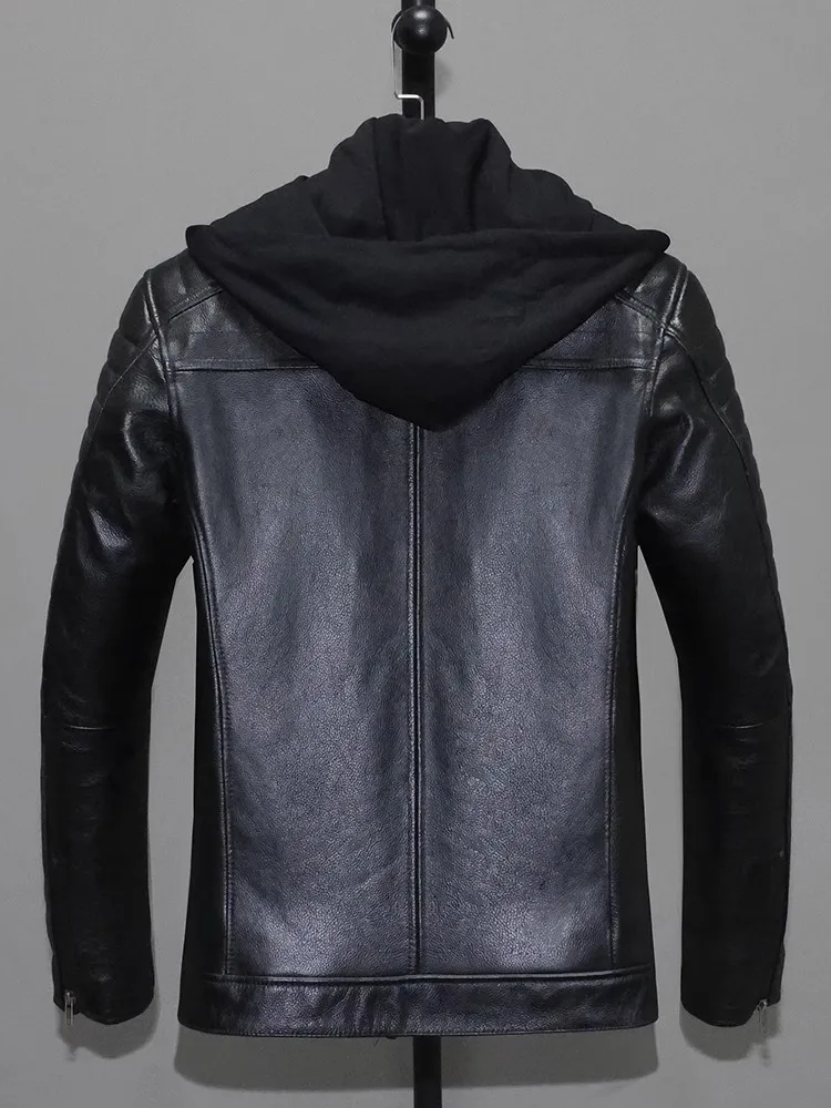 Motorcycle Men Cowhide Genuine Leather Jacket Hooded Thick Warm Padded Detachable Slim Fit Coat Autumn Winter Punk Style Jackets