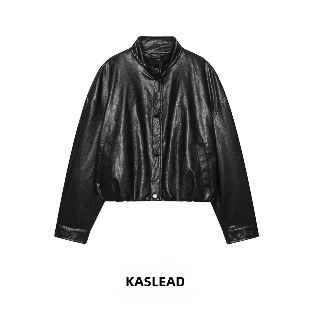 

KASLEAD Faion High Collar Faux Leather Pilot Jaet Women's ort Outerwear Sli Trendy Autumn Season Long Sve Coat
