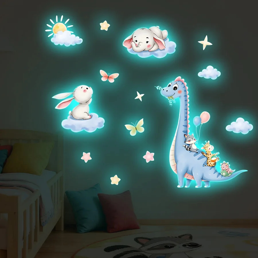 Cartoon Dinosaur Elephant Bunny Luminous Wall Stickers Glow In The Dark For Kids Room Living Room Nursery Home Decoration Decals