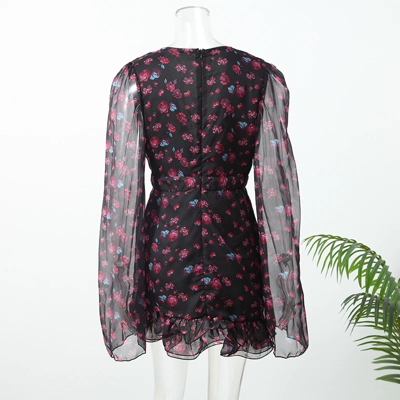 Women's Printed V-neck Short Sleeve Waist Cinching Mini Dress Chic A-line Bodycon Dresses 2026 Lady Summer Vacation Sweet Robes