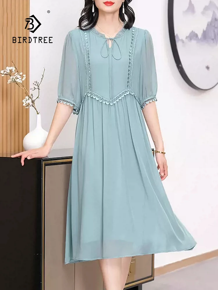 

BirdTree, 100%Real Silk Elegant Dresses, Women Half Sleeve Lace-up, Vacation Solid OL Party Fairy Dress, 2024 Summer D44421QC