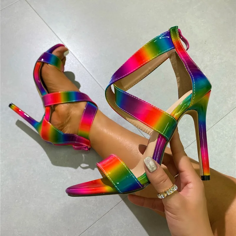 Super High Heels Modern Sandals for Womens Shoe 2024 Summer Pointed Toe Rainbow Stripper Luxury Back ZIpper Club Party Sandal