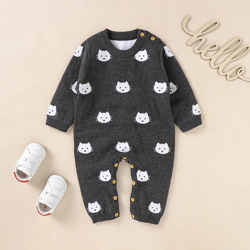 

Newborn Baby Romper Cotton Knitted Girl Infant Jumpsuit Cute Cat Toddler Playsuit Kid Clothing Long Sleeve Autumn 0-18M Overalls