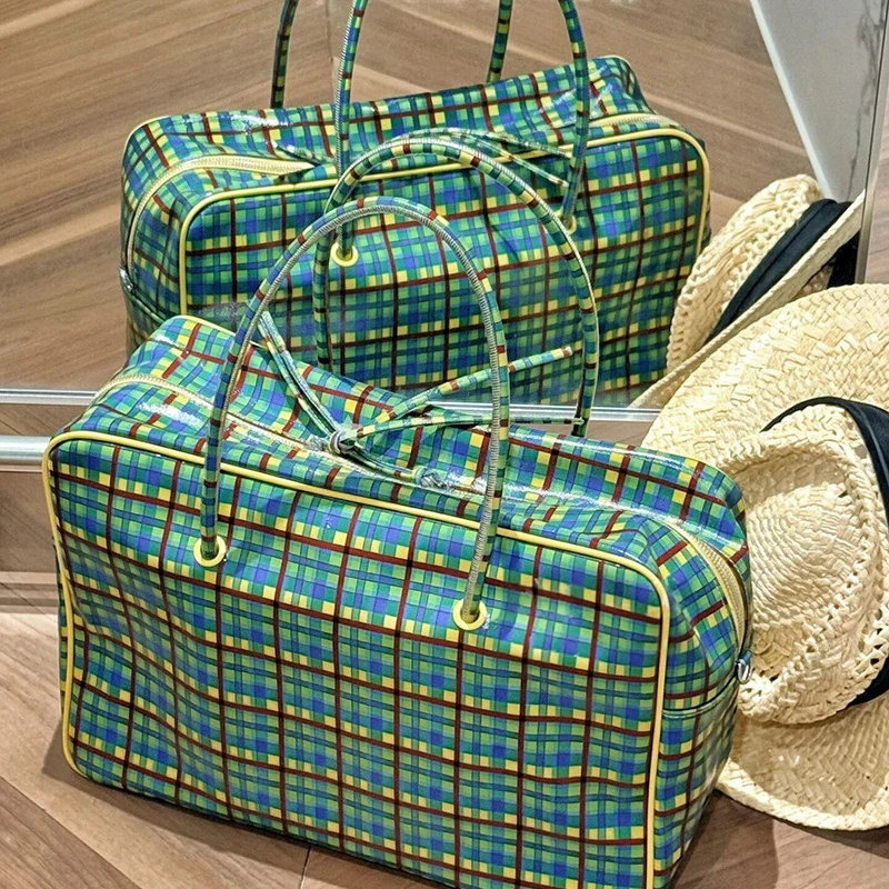 Karierte Schultertasche, Damen-Tragetasche mit großem Fassungsvermögen, minimalistische gelb-grüne Colorblock-Reisetasche mit Tragegriff – Detail 15