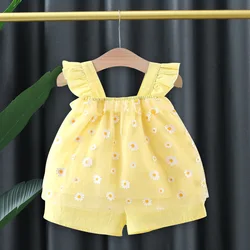 Girl's suspender shorts set summer 2/piece set small daisy mesh small flying sleeve suspender top+solid color shorts