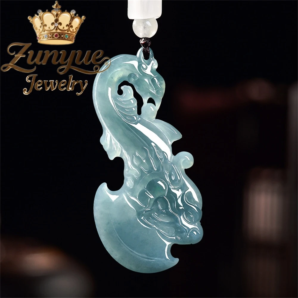 Natural A-Grade Blue Ice-Grade Water Jadeite Dragon Axe Pendant Chinese Style Luck  Luck Charm Necklace Good Luck Jewelry Gift - view 4