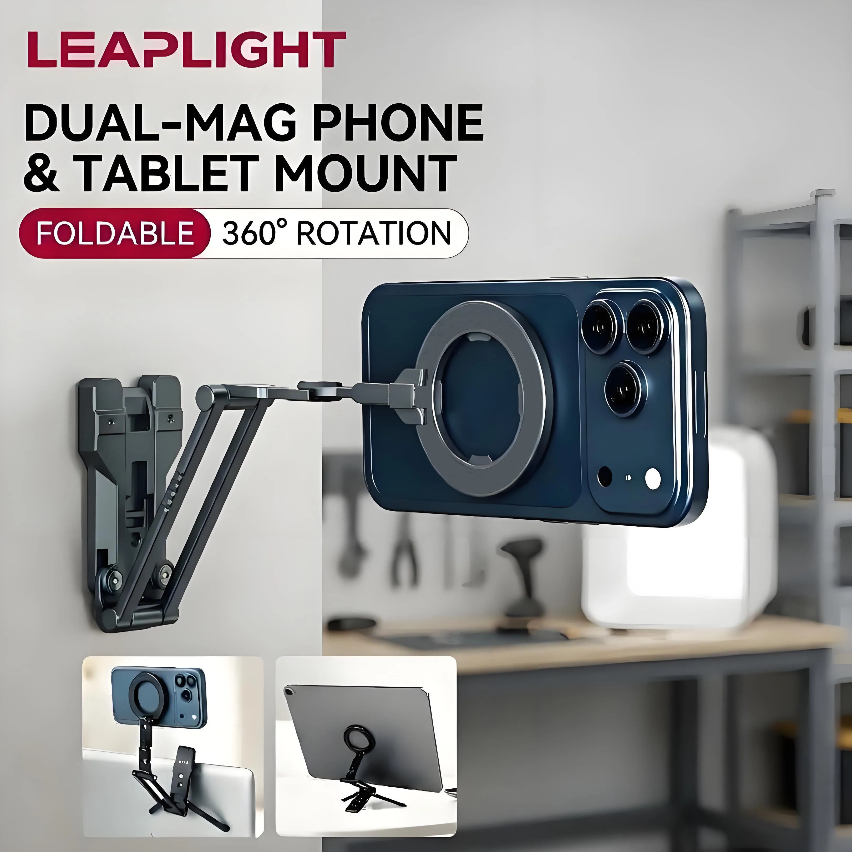 LEAPLIGHT – składany, podwójny uchwyt magnetyczny do telefonu i tabletu, kompatybilny z MagSafe, obrotowy o 360 stopni. °   Obracany uchwyt, klips do monitora montowanego na ścianie w kuchni, stojak na biurko.
