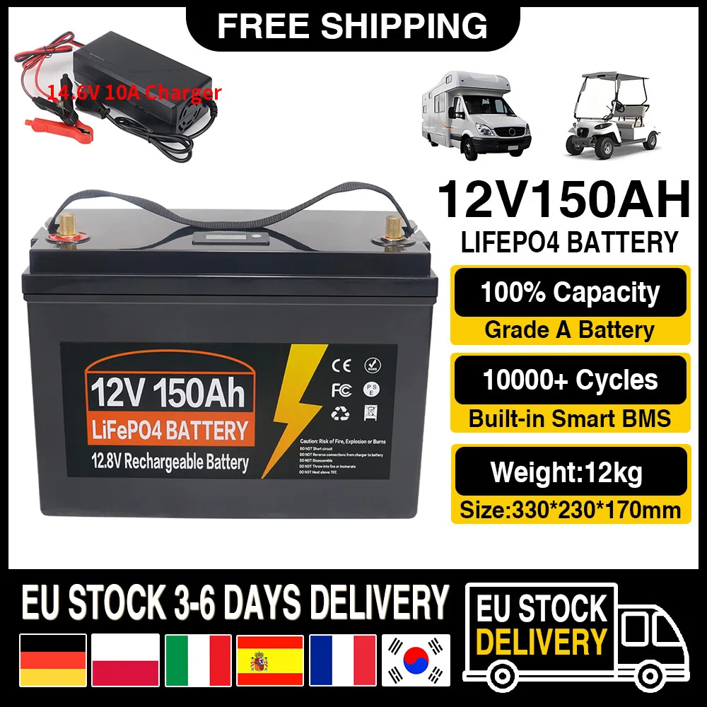 12V150Ah 300Ah 350Ah LiFePO4 Lithium-Eisenphosphat-Batterie mit integriertem BMS, 10.000 Zyklen, für Wohnmobile, Golfcarts, Solarspeicher