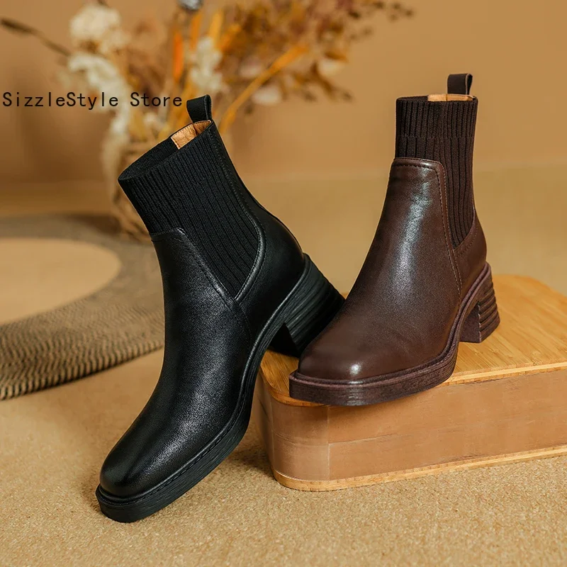 Frühling und Herbst Einfarbig Einfache Leder Quadratischen Kopf Nähte Textil Bequeme Dicke Ferse Kurze Stiefel für Frauen