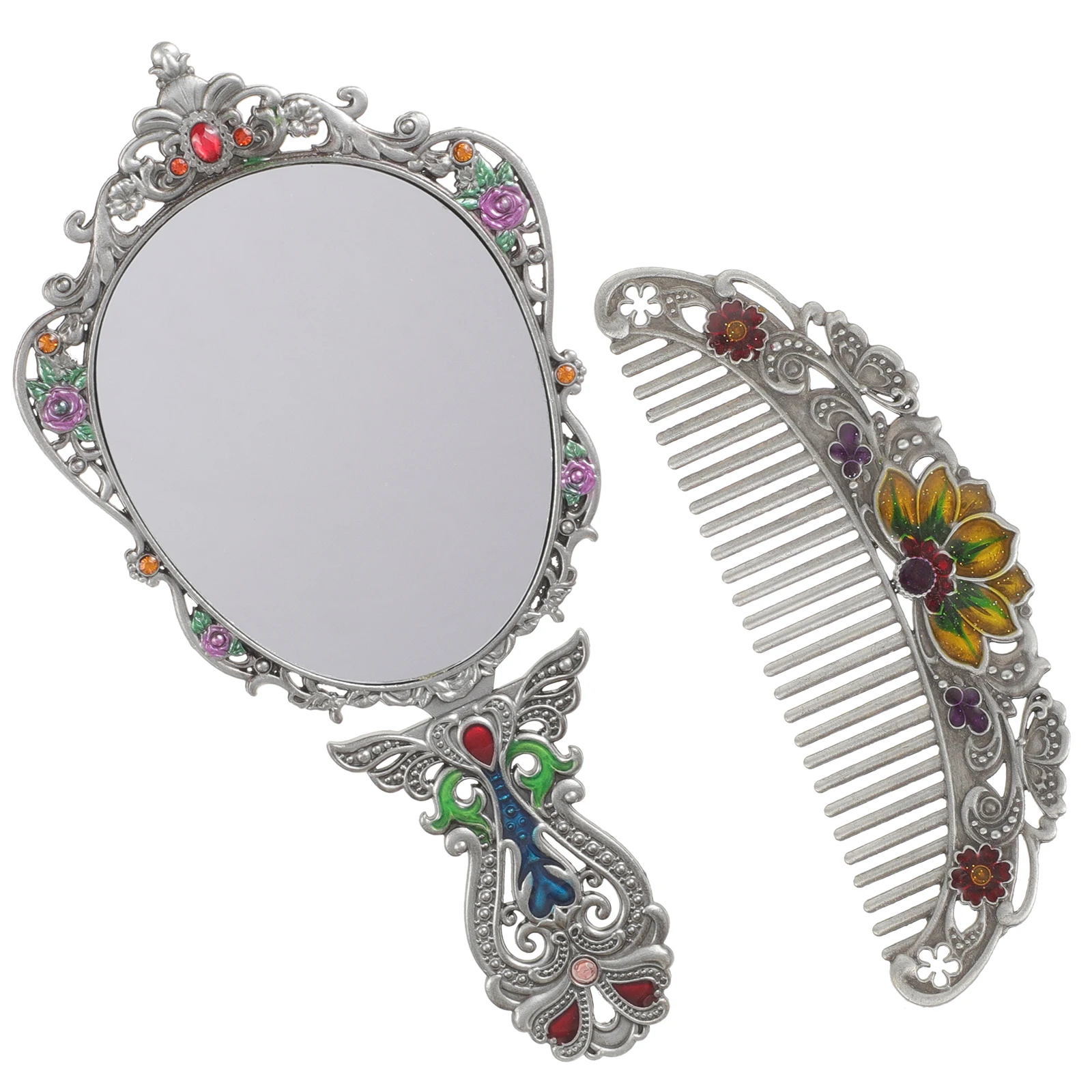 مجموعة واحدة من مرآة المكياج العتيقة المعدنية المحمولة القابلة للطي ومجموعة مشط مرآة محمولة بتصميم رائع ومتينة هدية للنساء #1