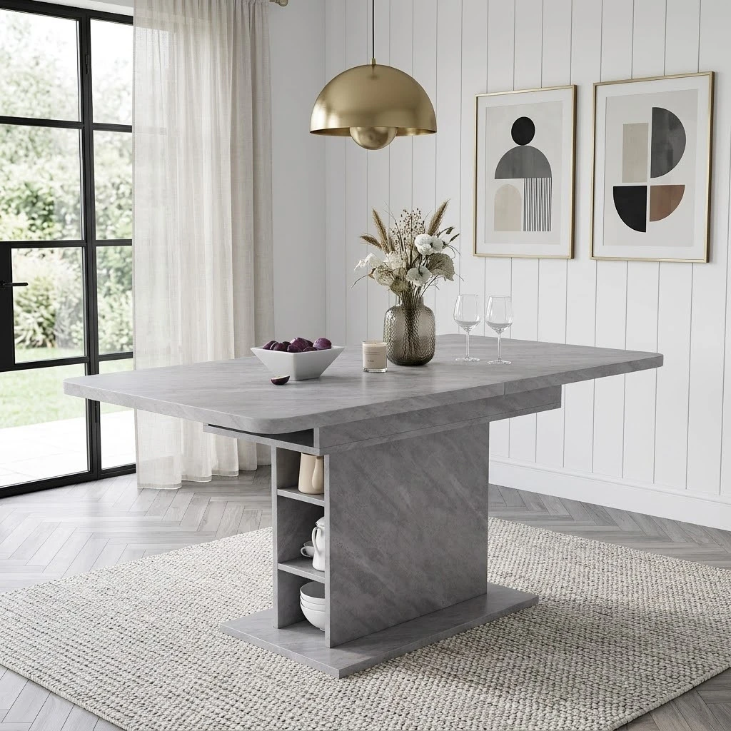 Table à manger rectangulaire extensible avec rangement, table moderne minimaliste à structure en fer avec aspect béton, table multifonctionnelle gain de place pour manger, travailler ou prendre le café, assemblage facile en 20 minutes