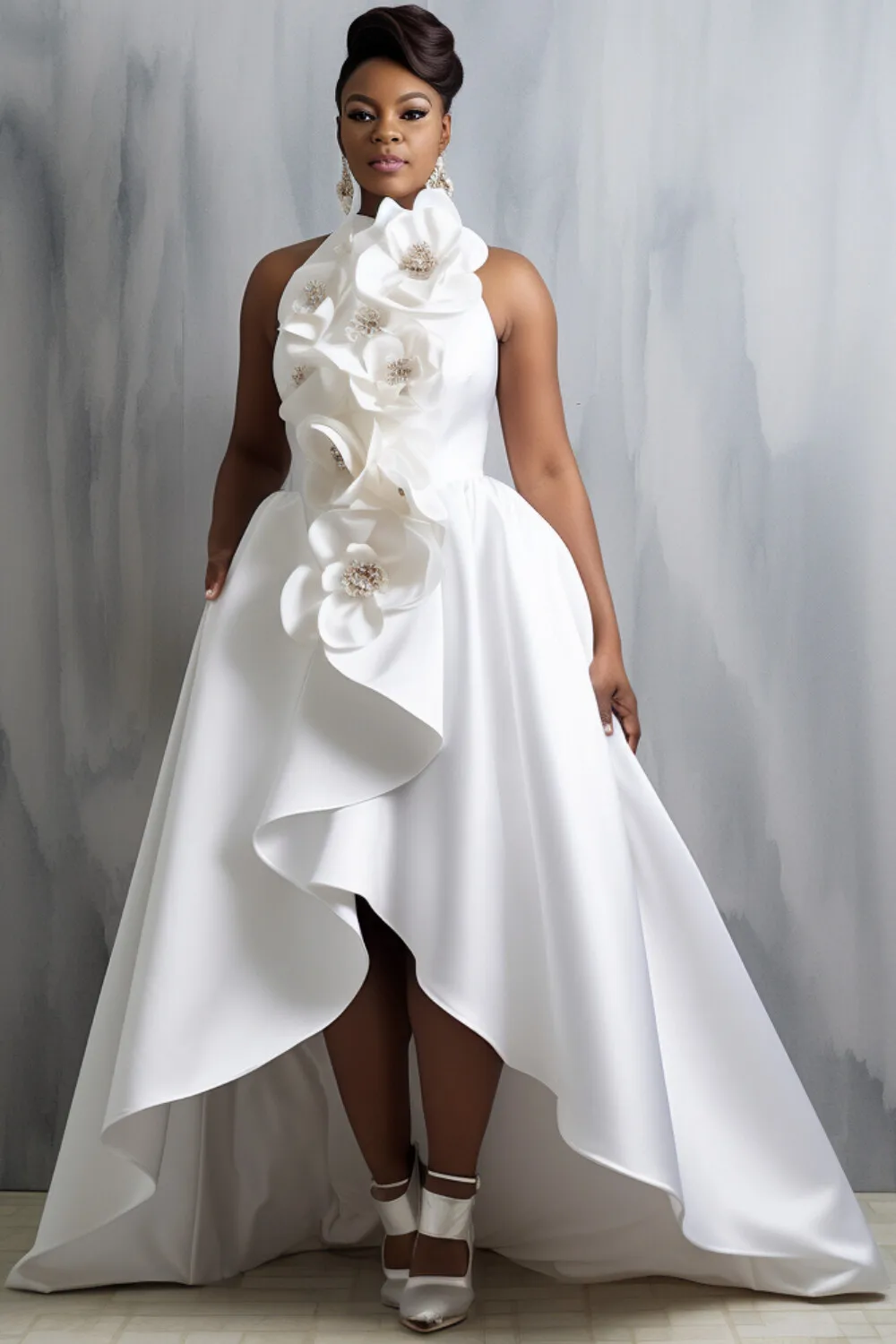 Plus Size Wedding White Halter Collar 3D Elegant High Low Hem Satin Maxi Dresses