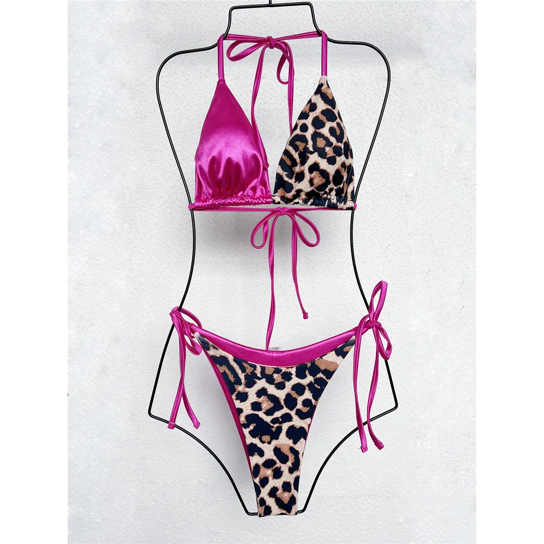 XS - L Leopardenmuster Neckholder-Bikini mit Satin-Details, Damen-Badeanzug, zweiteiliger Bikini-Set, Badebekleidung, Badeanzug, Schwimmanzug V4752SW – Detail 38