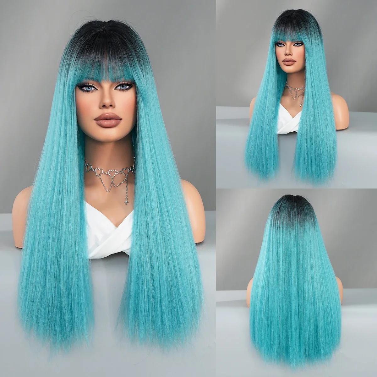 PARK YUN Long light blue Wigs With Bangs For Women Popular Sweet Synthetic Wig For Daily Cosplay Halloween