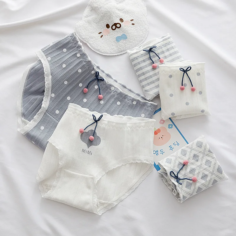 Cute Cartoon Printed Girls Underpants Striped Cotton Women's Underwear Comfortable Lace Edge Briefs Cotton Crotch Lady Knickers