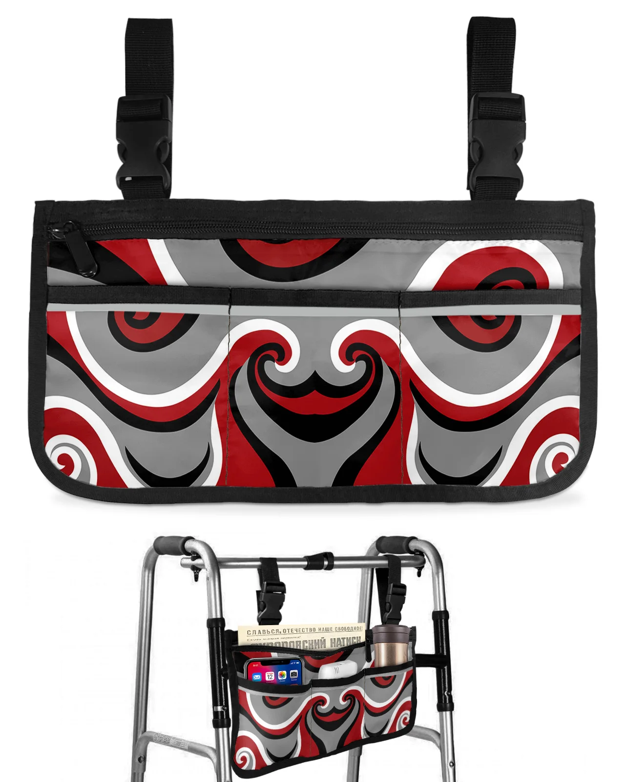 Abstract Vortex Red Wheelchair Bag With Pockets Reflective Strips Armrest Side Bags Electric Scooter Walking Frame Storage Pouch