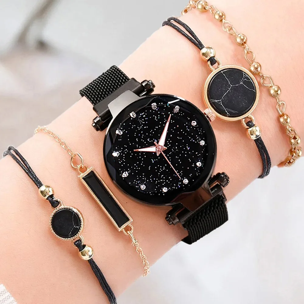 

5pcs Women Fashion Starry Sky Watches Magnet Buckle Mesh Belt Diamond Quartz Watch Women Dress Clock Wristwatches for Girl Gift