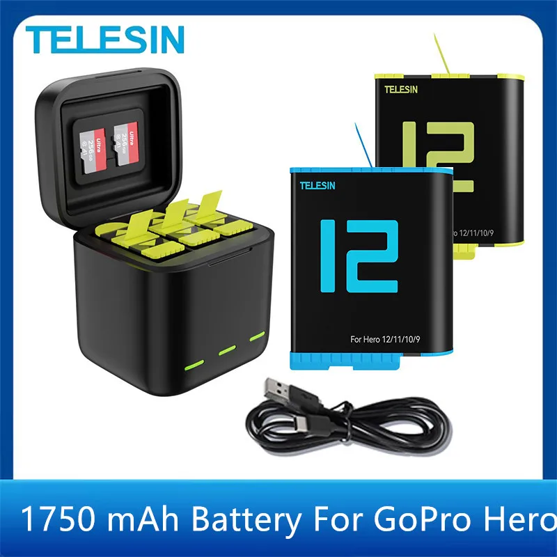 Batería TELESIN de 1750 mAh para GoPro Hero 12 11 10 9, caja de carga rápida opcional, almacenamiento de tarjeta TF para acceso a cámara de acción GoPro Hero