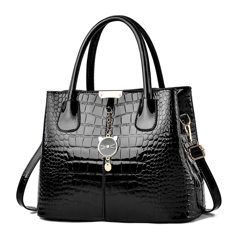 Crocodile Embossed Top Handle Bag, Elegant Patent Leather Shoulder Purse, Women's Zipper Satchel Bag