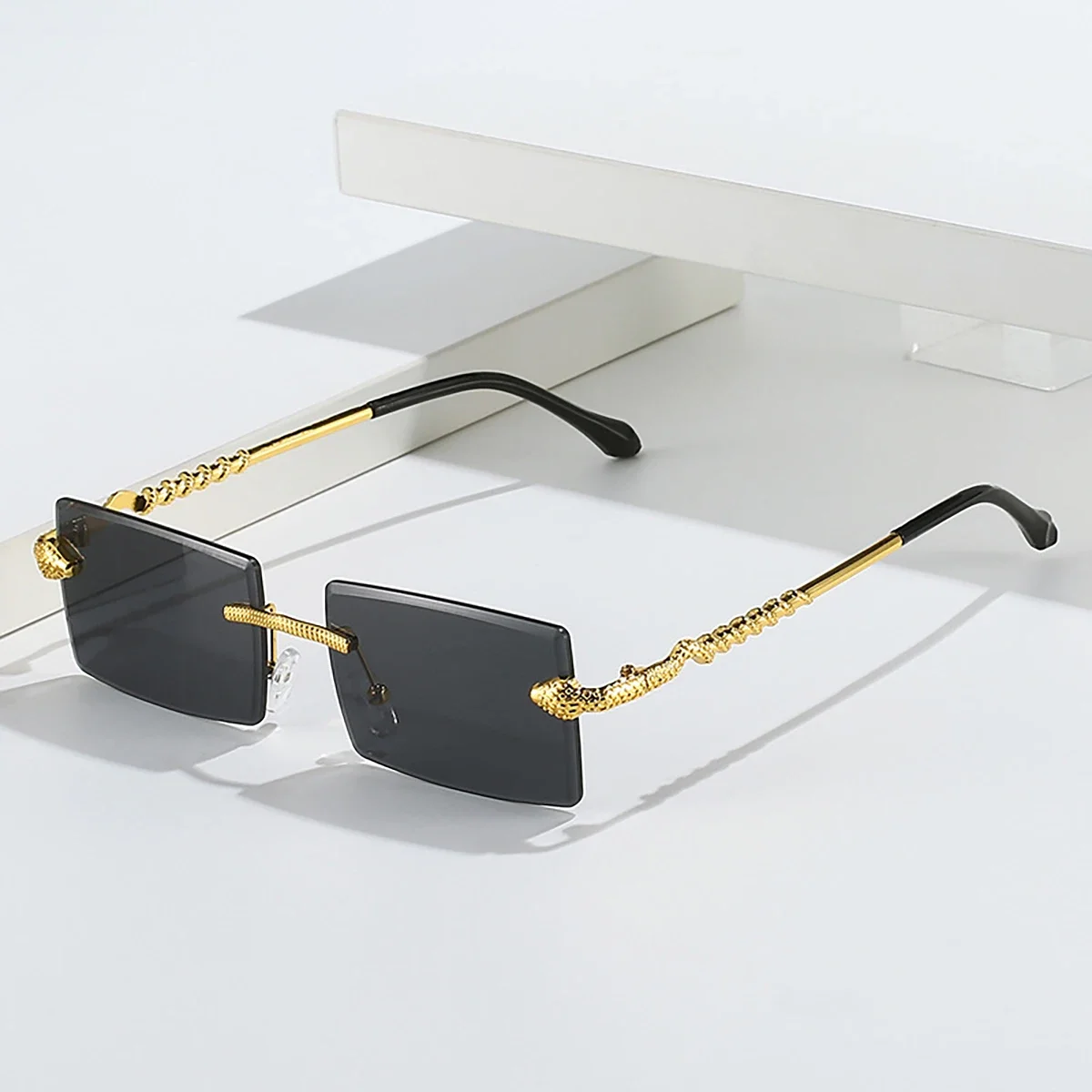 Rimless Rectangular Sunglasses Men Fashion Vintage Twisted Snake Leg Gradient Shades Women Luxury Brand Design Eyewear
