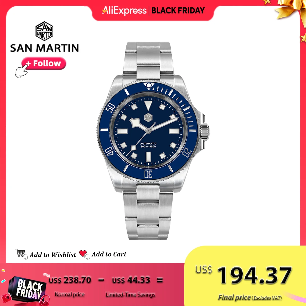 

San Martin 40mm Men Diver Watch Automatic Mechanical NH35 Movement High Quality Stainless Steel Sapphire Crystal 300Bar SN0111