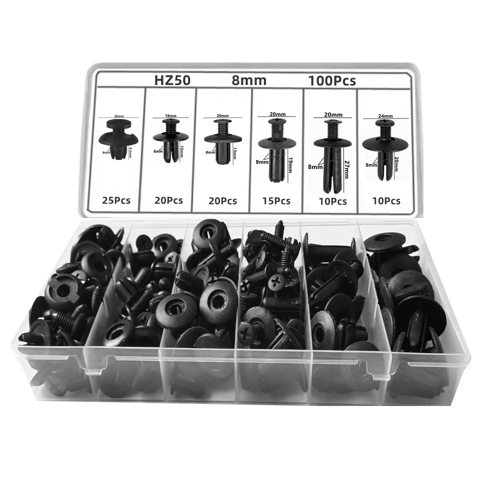 Car Clips 8mm Box Kit Mixed Push Pin Bumper Fender Wheel Arch Buckle Bagged Plastic Screw Clamp Universal Auto Fastener Rivet