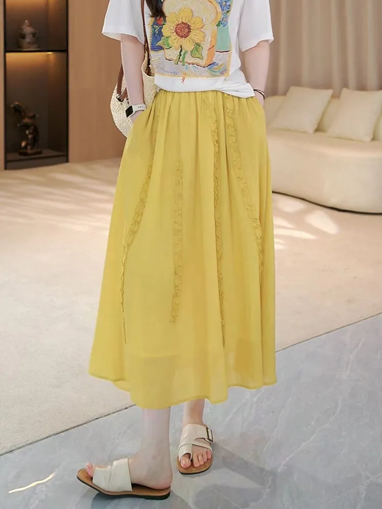 Spring 2026 New Yellow Lace A-Line High Waist Loose Slim Long Skirt Women's Casual Warm Hollow out H-Shape Elastic Waist Skirt