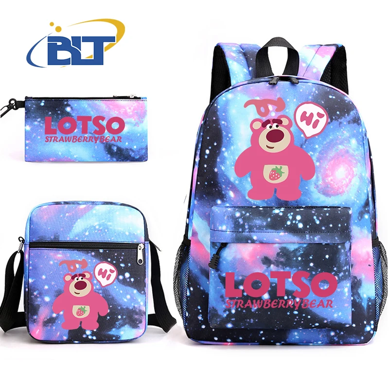 Lotso bear printed backpack set student school bag shoulder bag pencil case 3-piece set for boys and girls