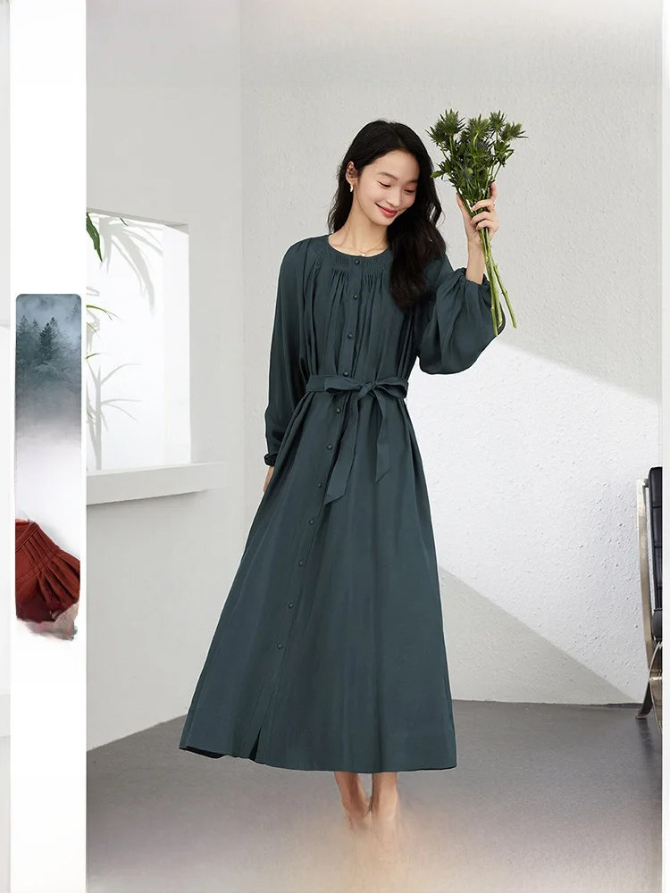 

Retro Rayon Dark Green round Neck Dress Women's New Waist-Cinching Slimming Long Skirt Casual Loose Waist Button up Straight ...