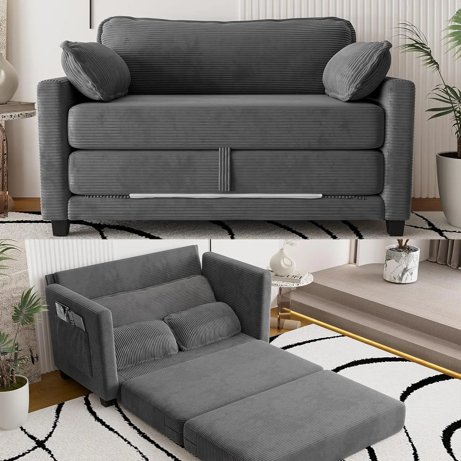 #Convertible Sleeper Loveseat Pull-Out Bed Side Storage Solid Wood Frame Corduroy Small Apartment Guest Grey