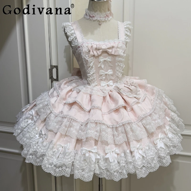 

Original Japanese Girls Sweet Lolita Pink Dress Jsk Women's Slimming Cute Bow Lace Edge Princess Dresses Y2K Birthday Dress