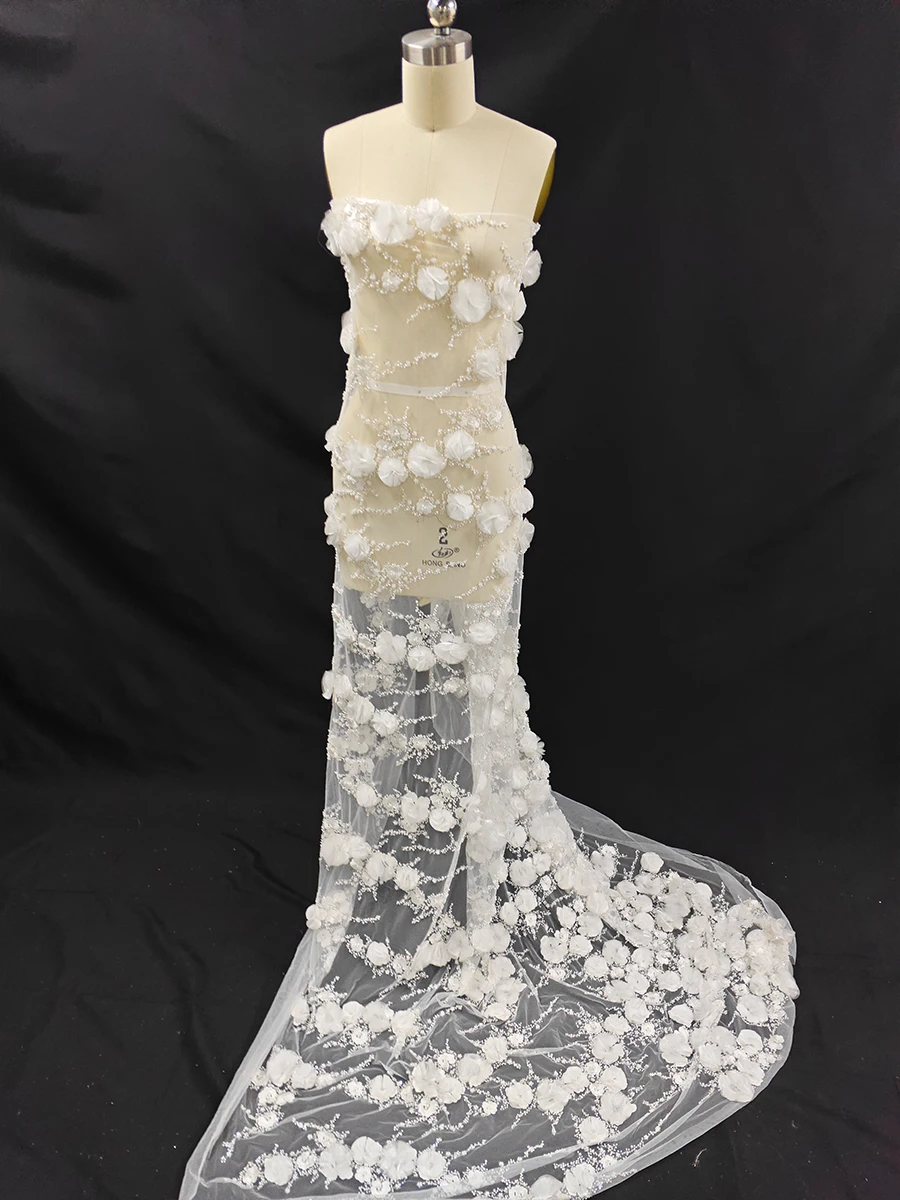 Nuevo tela blanca tridimensional con bordado de cuentas de boda, tela cosida de diseñador de encaje para vestido de novia