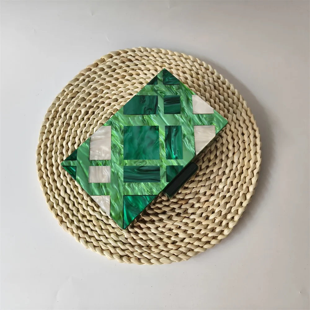 Green Marble Striped Patchwork Women Acrylic Day Clutch Wedding Bridal Handbags Small Evening Bags Party Birthday Cocktail Purse