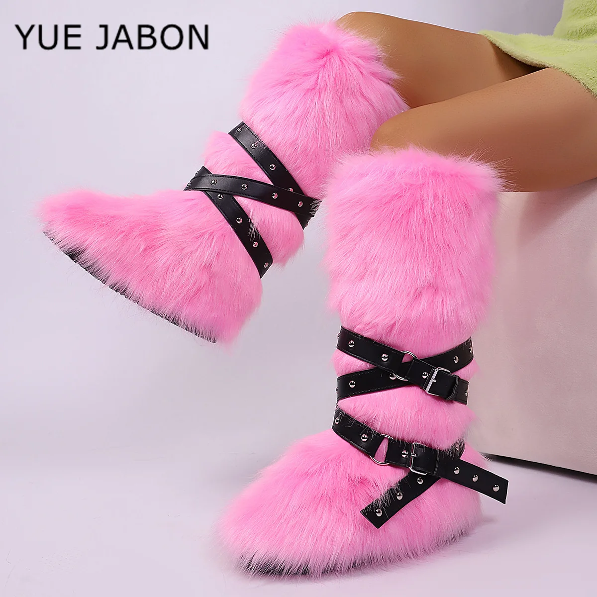 فو الفراء حزام مشبك الأشرطة الثلوج الأحذية جولة تو الصلبة برشام الانزلاق على الارتفاع زيادة الركبة أحذية عالية 2026 جديد النساء أحذية دافئة #5