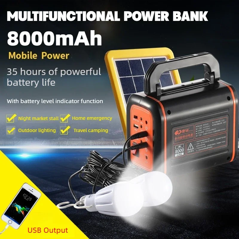 8000mAh Portable Power Bank Solar Generator Emergency Power Bank W/ LED Bulbs Solar Panel for Outdoor Camping Household Blackout