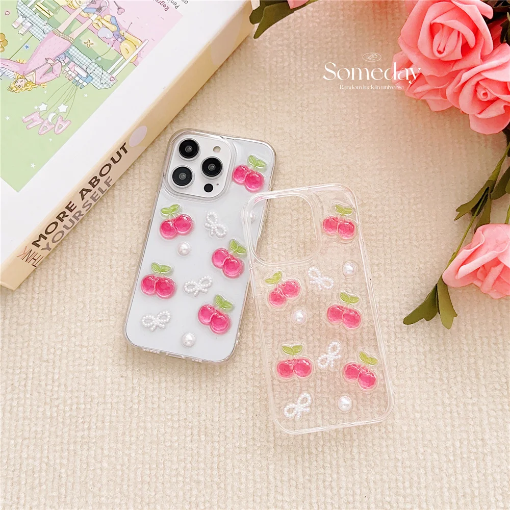 Glitter 3D Fruit Cherry Clear Epoxy Phone Case For iPhone 14 11 12 13 Pro Max Mini 7 8 Plus X XR XS Max SE 2020 case Cute Cover